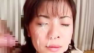 Asian girl got a hot bukkake after hot blowjob