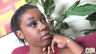 Ebony babe Meagan Vaughn takes cum shower after gangbang fucking