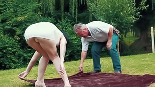 Romantic Picnic turns into sexy fuck for grandpa and her teen girlfriend teenager