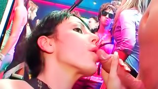 Hardcore group banging for their shaved pussies in the nightclub