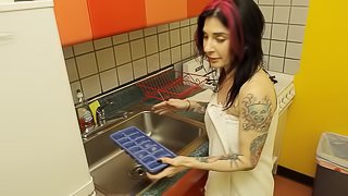 Horny punk pornstar Joanna masturbating in a kitchen