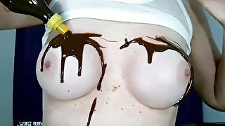 Brazilian_Miss Wetting Boobs, Tities and Nipples with chocolate
