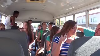 Babe on the bus sucks dick and fucks in front of the crowd