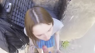 Sex kitten's skirt is flipped up while she revels in a hot outdoor public fuck.