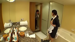 Japanese maid with juicy tits out masturbates pussy in bathroom