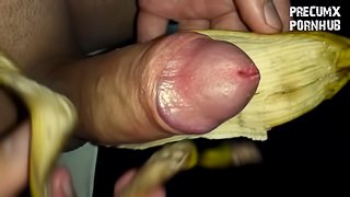 Masturbating with banana peel and cumming on it