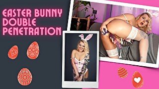 Sexy Easter bunny double penetration. Amateur MILF in a bunny costume masturbates, DP dildo