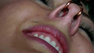 Cheap blondie Skylar Price lays on dirty floor bandaged with metal hooks in her nose