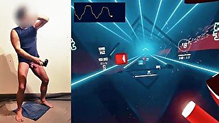 Expert Beat Saber player enjoying a remote-controlled vibrator for extra VR immersion