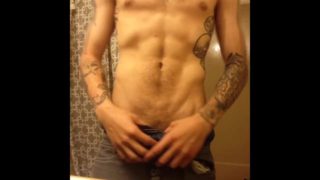 little hairy skinny toned college guy with tattoos jackin off in the shower
