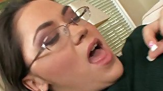 Sweet brunette chick in glasses Kandi Milan gets fucked in side to side pose