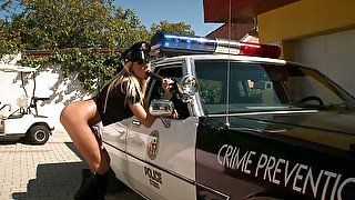 Blond horny police bitch Clara G performs hot solo outdoors