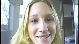 Pretty amateur babe sucks cock and takes the cum on her forehead