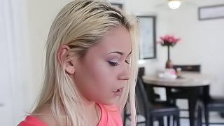Ravishing blonde in shorts eats a fat cock then gets pussy drilled hardcore