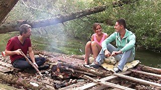 Naomi Bennet got surprised with fingering and group fuck in the wood
