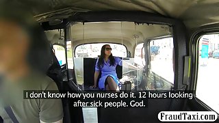 Busty nurse slut fucked in the backseat of a taxi
