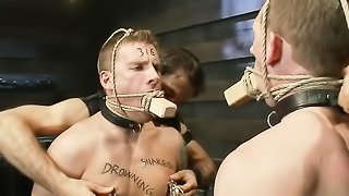 Two bound and gagged gays get painful pleasure while humiliated and punished by pervert masters