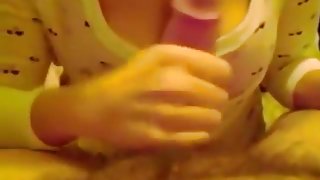 Cute brunette girl gives her bf a pov blowjob and handjob and swallows his cum