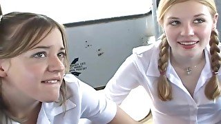 Schoolgirls on the bus suck cock and fuck