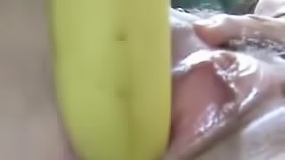 Girl gets her pussy fucked with a banana and a cock