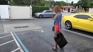 Parking lot pickup of an amateur babe taking dick in POV