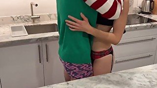 Wife fucks 2 cocks in kitchen & begs them to cum on her face / Christmas double facial holiday porn