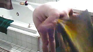Bath time of my flabby busty brunette mature wife on hidden cam