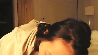 Asian american girl sucks her white bf's cock pov on the bed and swallows