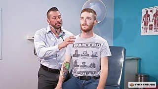 Well hung gay doctor pounds his ginger patient at the office