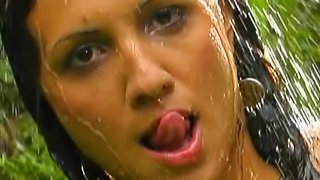 Spicy brunette Agatha Cristine washes her body and masturbates
