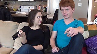 Experienced brunette gives lad a sex lesson on the couch