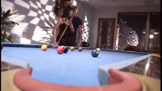 Busty asian has interracial sex with a black stud over a pool table