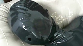 Black Latex Catsuit Encasement With Rubber Mask And Breathplay Masturbation