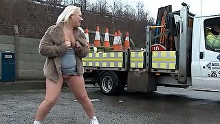 Chubby blond haired nympho with big bum pisses right outdoors on public