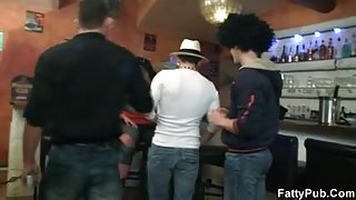 Fat chicks have fun with three guys in the bar