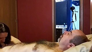 George Lays Back While Missy Licks His Balls and Sucks His Uncut Dick