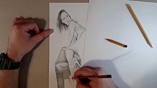 Speed Drawing - Hot MILF in high hells takes two dicks! Anal threesome and DP