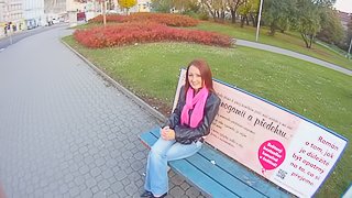 Redhead hussy blows and gets fucked in a park in POV clip