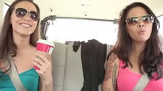 Beautiful lesbians with tattoo and glasses masturbating in car while on a road trip