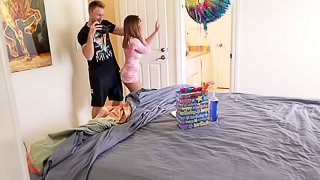 Surprise threesome for his curvy girlfriend with a fine ass