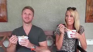 Blonde handsome dude talking a gorgeous MILF into sex