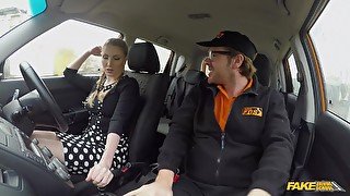 A flirty blonde seduces her driving teacher while no one is looking