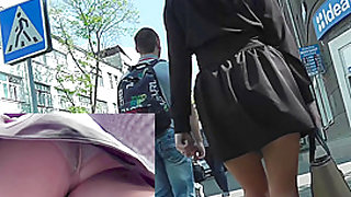 Black-haired sexy girl upskirt outdoor action