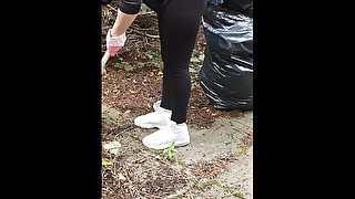 Step mom fuck with step son and Cumshot on Leggings in the back garden