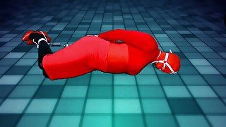 Selfbondage in red on the dance floor with ice lock