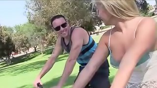 Shorts-clad blonde slut with awesome juggs sucking a stranger's cock