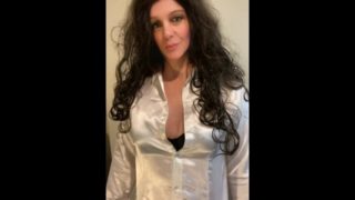 Shemale dressed in satin blouse showing off ready to be pumped