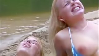 Blonde babe nearly drowned and fucks with her saviors