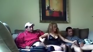 Sexy blonde prostitute takes on two dudes at once