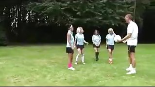 Four British Schoolgirls are very nice to their PE teacher